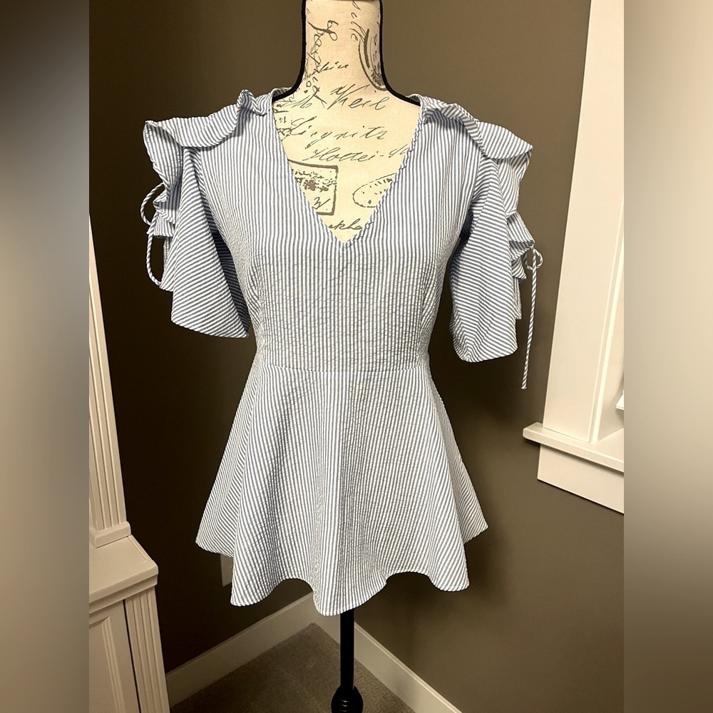NWT Blue White Stripe Ruffle Blouse Cold Shoulder Peplum Top Small